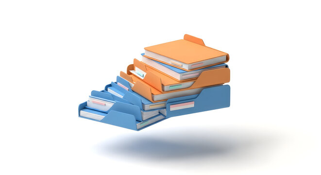 Colorful stack of hardcover books floating above a soft shadow on a white background