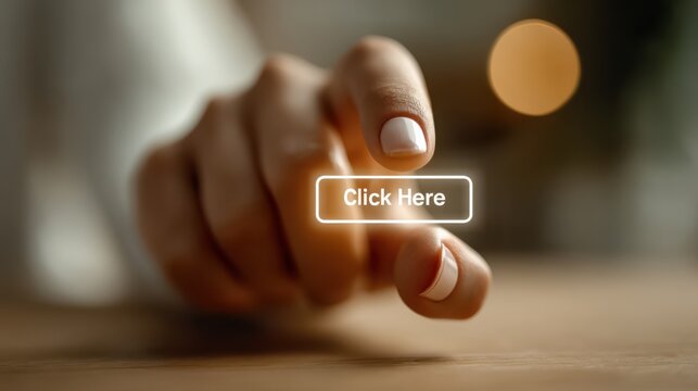 A close-up of a hand poised to click a button labeled "Click Here," with a soft focus background creating a warm atmosphere.
