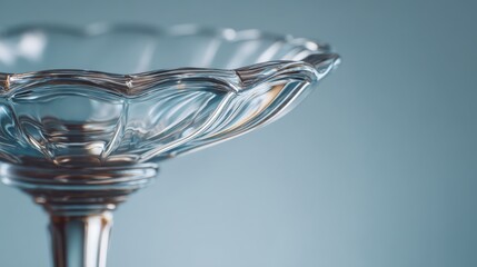 A close-up image of an elegant glass dish with intricate designs, showcasing its clarity and shine against a soft blue background.