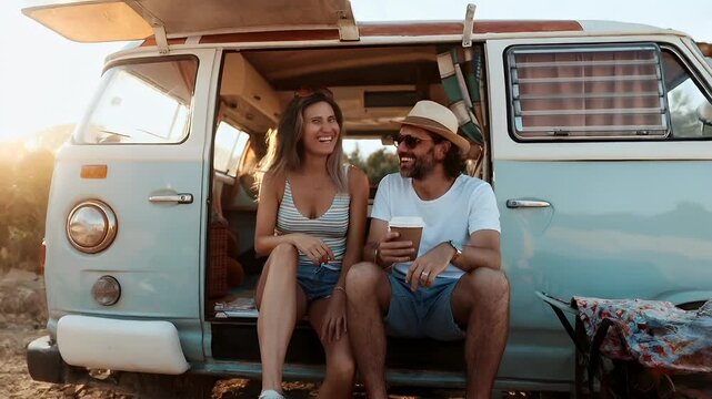 A candid shot of a man and woman sitting inside a vintage van during sunset. The vans interior is illuminated by the warm glow of the setting sun, casting a golden hue over the scene.