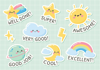 Motivational stickers for kids. Vector school sticker set. 