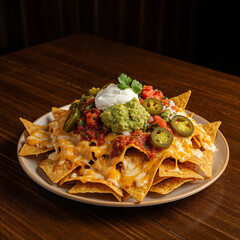 Indulgent loaded nachos with melted cheese, guacamole, salsa, and sour cream piled high.