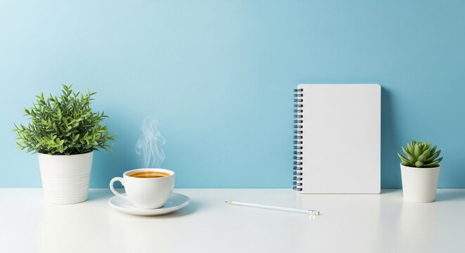 A minimalist desk setup with a steaming cup of coffee, a potted plant, and a notebook against a light blue wall - Powered by Adobe