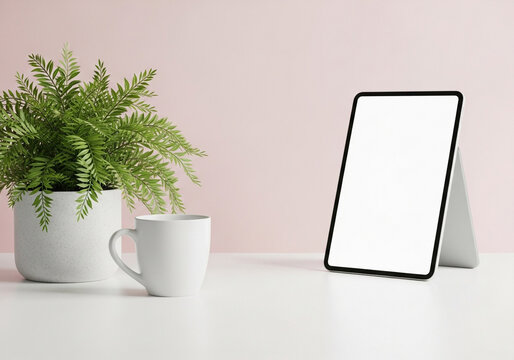 A potted green plant and a white mug next to a tablet on a white table with a pink background