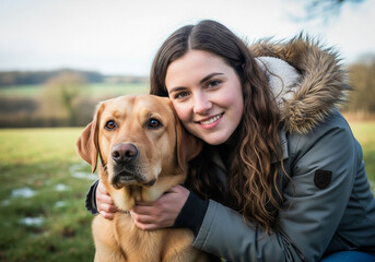 A young woman smiling and hugging her golden labrador dog outdoors in a grassy field