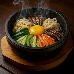 Steaming hot bibimbap served in a stone bowl, a delicious Korean culinary delight