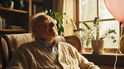 Happy senior man sitting in chair with balloon at window, home