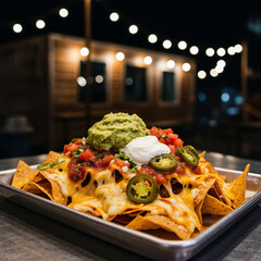 Indulgent loaded nachos piled high with melted cheese, fresh guacamole, and jalapeños at night