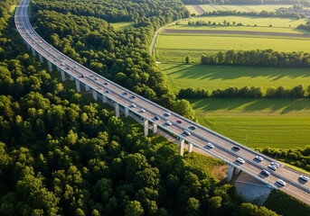 An aerial view of a multilane highway bridge crossing a dense forest and green fields