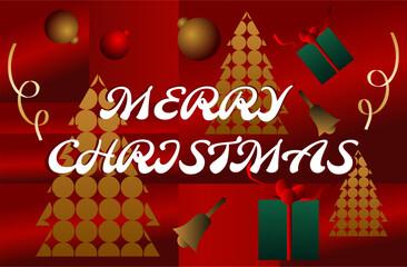Merry Christmas Background with Golden Trees, Bells, and Gifts  