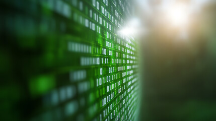 A close-up view of a digital green code matrix, showcasing binary numbers representing data flow and technology advancement.