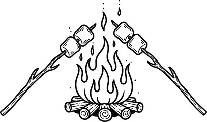 Campfire, marshmallows, roasting sticks, outdoor fire, camping food, summer night, bonfire, flame, wilderness, adventure, cozy, heat, snack, nature, forest, evening, picnic, tent, hiking