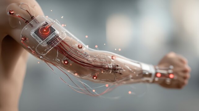 A futuristic robotic arm featuring transparent materials, wiring, and glowing elements, showcasing advanced technology and design. - Powered by Adobe