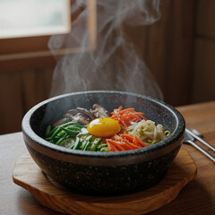 Steaming hot bibimbap with vibrant vegetables and a perfect raw egg yolk centerpiece
