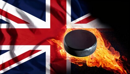 A hockey puck burns fiercely atop the UK flag, symbolizing intensity and passion. The image conveys sports fervor, competition, and dramatic energy.