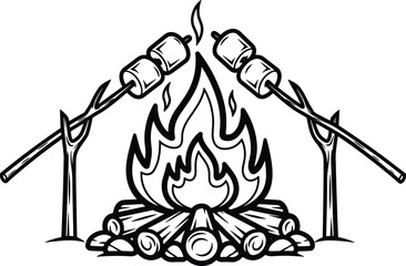 Campfire marshmallows, outdoor fire pit, cozy camping flame, roasting sticks, wilderness sketch, black white vector, cad drawing flat vector illustration