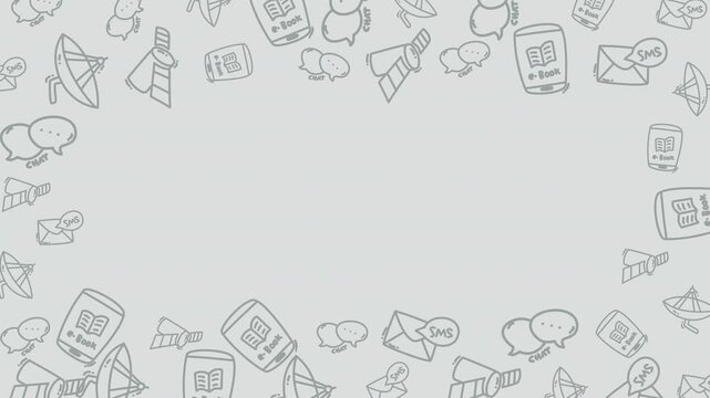 Frame doodle communication technology icons pattern suitable for digital media, social interaction designs, and educational content.
