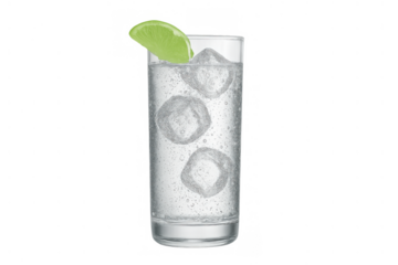 Gin and tonic or sparkling water drink with lime slice and ice cubes refreshing a clear glass on transparent background