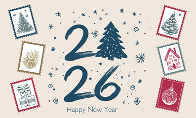 Festive 2026 New Year Card with Vintage Holiday Stamps