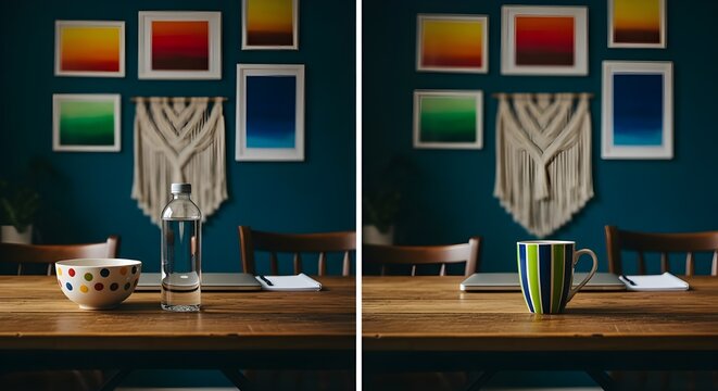 Moody interior photograph of a modern home office desk with colorful art and bohemian decor