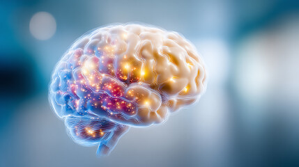 A close-up view of a luminous human brain illustrating creativity, intelligence, and neural connections in a captivating visual format.