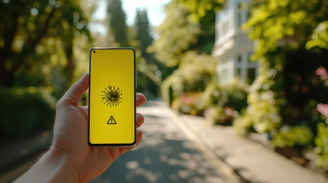 A hand holds a smartphone displaying a virus warning on a sunny street, surrounded by greenery and houses.