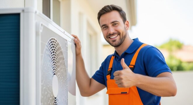 Smiling HVAC Technician in Overalls Giving Thumbs Up After Air Conditioner Installation.