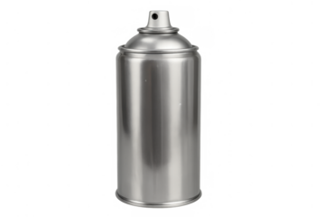 Silver aerosol spray can with metallic finish, isolated, providing paint, cleaning, or styling product