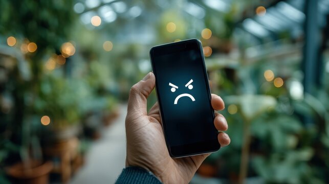 A person holds a smartphone displaying an angry emoji, set against a lush, green background filled with plants and warm, soft lighting.