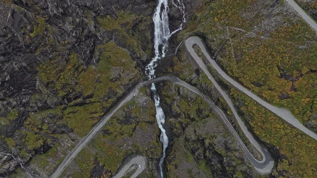 Scenic mountain switchback highway winds through Norway Trollstigen