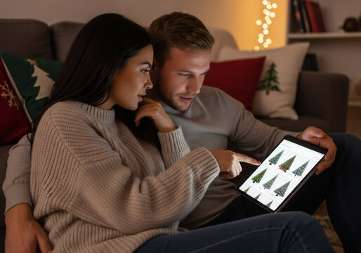 Couple shopping online for Christmas trees on digital tablet in cozy living room