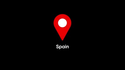 Red map pin icon with white circle and Spain text on black location navigation