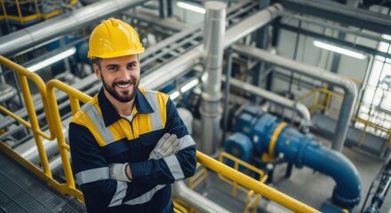 Portrait of a Smiling Industrial Worker in Hard Hat and Uniform in a Modern Factory Plant.