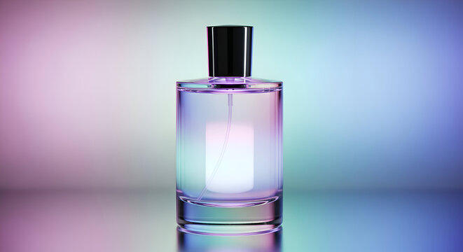 Elegant glass perfume bottle with black cap and subtle gradient background, radiating luxury and sophistication for beauty marketing campaigns.