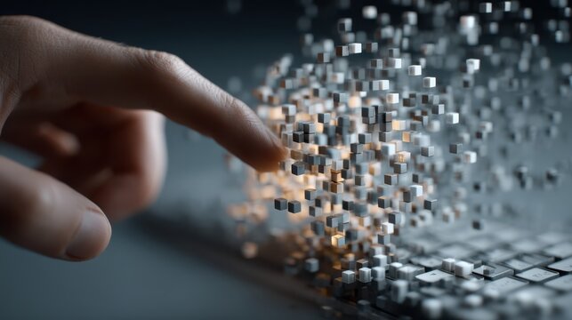 A hand reaching towards a keyboard, with pixels scattering, symbolizing digital interaction and technology.