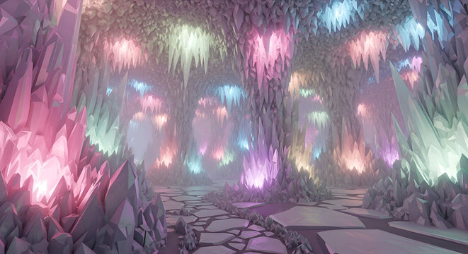 Enchanting crystal cave bathed in soft, vibrant pastel light, creating a magical and serene subterranean wonderland perfect for fantasy or mystical themes.