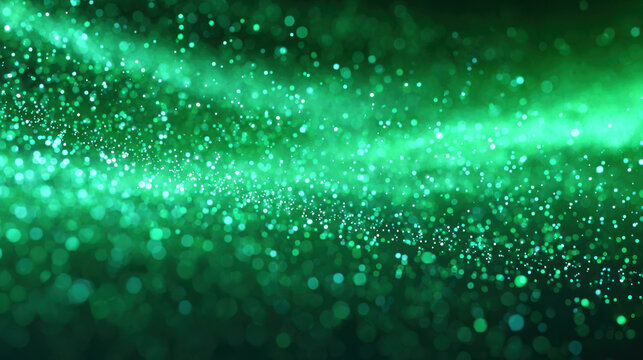 Glowing green particle field with varying depths creates magical and vibrant atmosphere filled with sparkling light points and bokeh effects