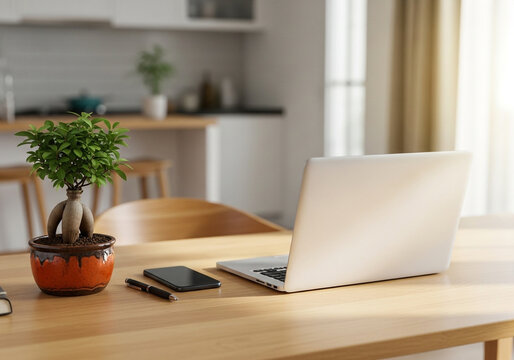 Laptop, smartphone, and a small potted plant on a wooden table in a bright, modern kitchen setting