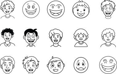 Collection of diverse hand drawn cartoon faces expressing various emotions isolated on transparent background