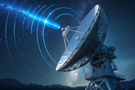 Blue satellite dish antenna technology on an observatory roof receiving radio wave signal from space at night for astronomy science