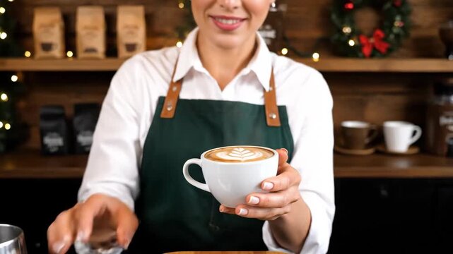 smiling barista adding milk to coffee cup, closeup of woman pouring milk at coffee shop ambiance, female barista delicately pouring milk with cheerful expression amidst cozy coffee shop setting.