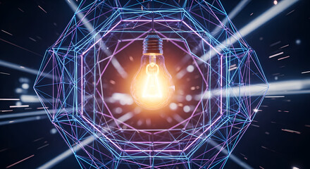 Brilliant illuminated light bulb glows brightly within a dynamic neon geometric network, symbolizing innovation, creativity, and digital transformation in a modern concept.