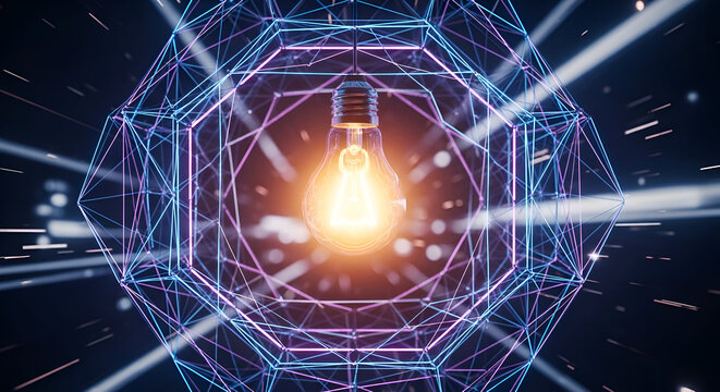 Brilliant illuminated light bulb glows brightly within a dynamic neon geometric network, symbolizing innovation, creativity, and digital transformation in a modern concept. - Powered by Adobe