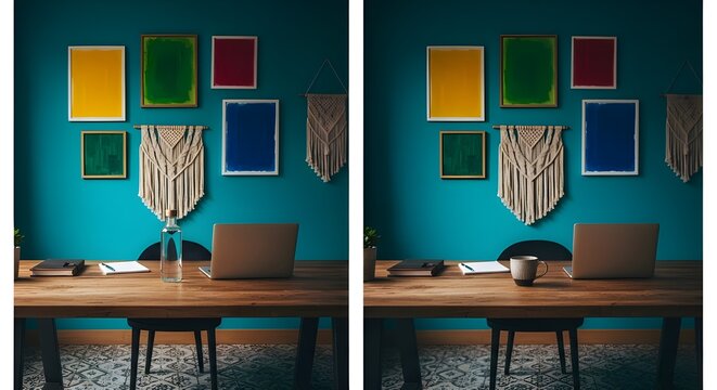 Modern home office setup with laptop on wooden desk and colorful frames on teal wall interior design - Powered by Adobe