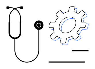 Fototapeta premium Black stethoscope and gear icon symbolize integration of medicine and technology. Ideal for healthcare, innovation, diagnostics, engineering, collaboration, medical research, and automation. Simple