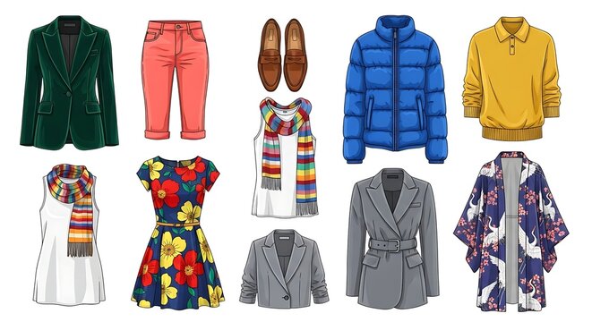 Diverse fashion collection displaying various clothing items and accessories against white