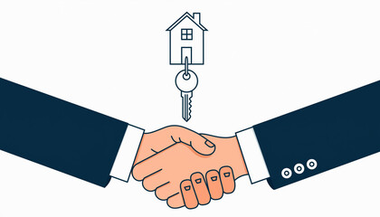 Clean flat vector art showing two hands (in suits) shaking hands while passing keys, representing a successful real estate transaction, business partnership, agreement, and property ownership transfer