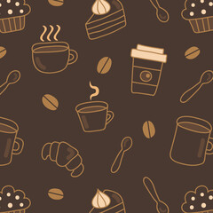 Coffee, tea line pattern. Abstract cup, dessert, chocolate sweets. Bakery and cafe outline background
