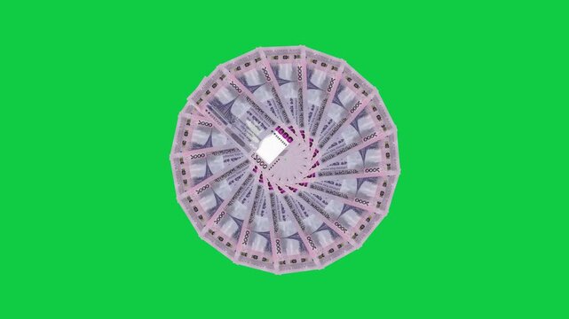 1000 Taka note rotating in a circle on a Green Screen background