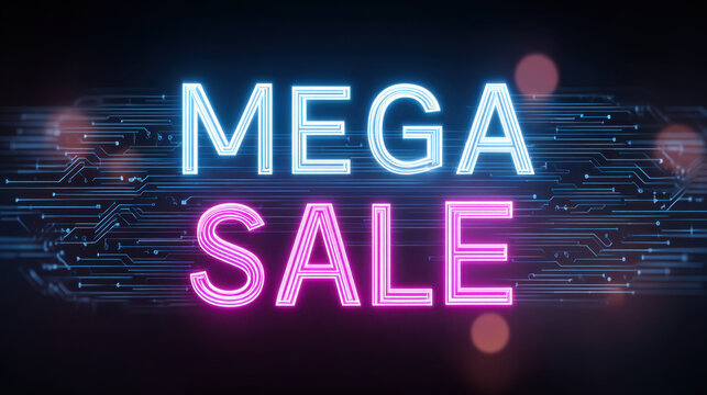 Mega sale glowing neon sign with futuristic digital circuit background for online shopping promotion and discount event